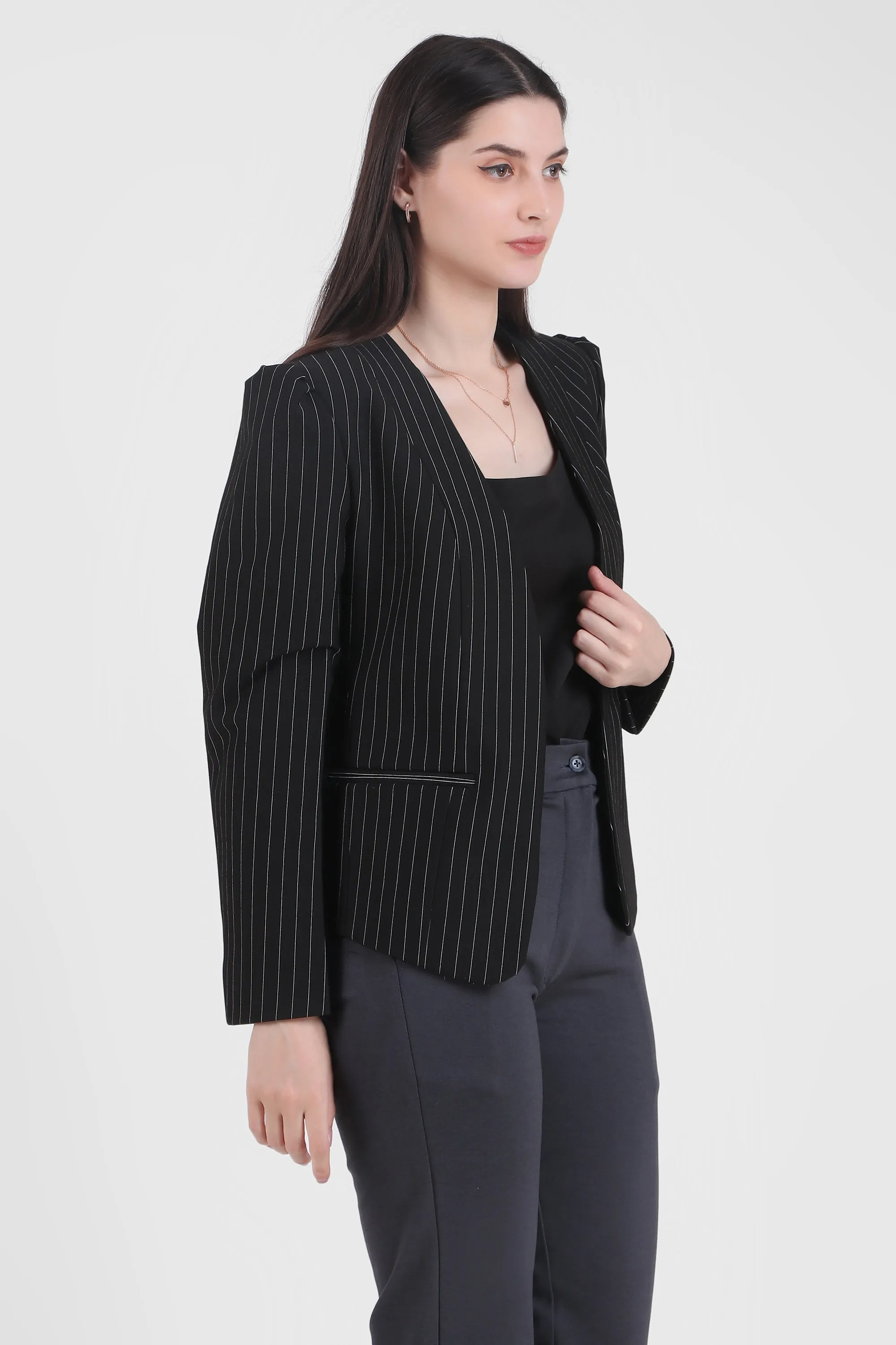 Pinstriped Black Puff Sleeves Front Open Blazer