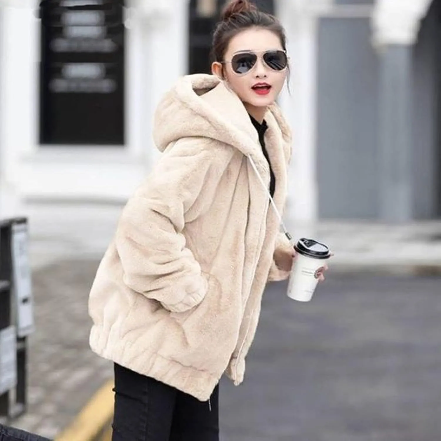 Plus Size Winter Coats for Women Warm Comfy Fuzzy Fleece Jacket Full Zip Plush Hooded Cardigan Outerwear with Pocket