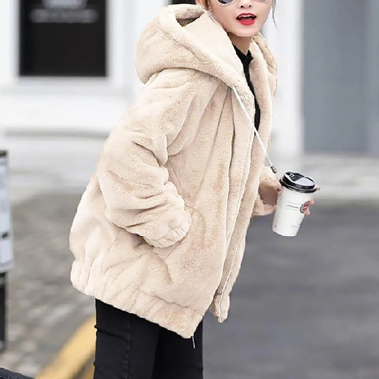 Plus Size Winter Coats for Women Warm Comfy Fuzzy Fleece Jacket Full Zip Plush Hooded Cardigan Outerwear with Pocket