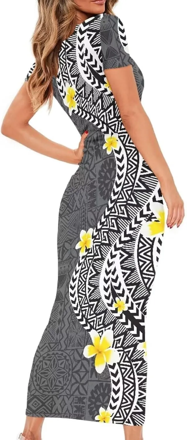 Polynesian Tribal Maxi Dresses for Women Slim Bodycon Casual Dresses Samoan Puletasi Evening Party Dress
