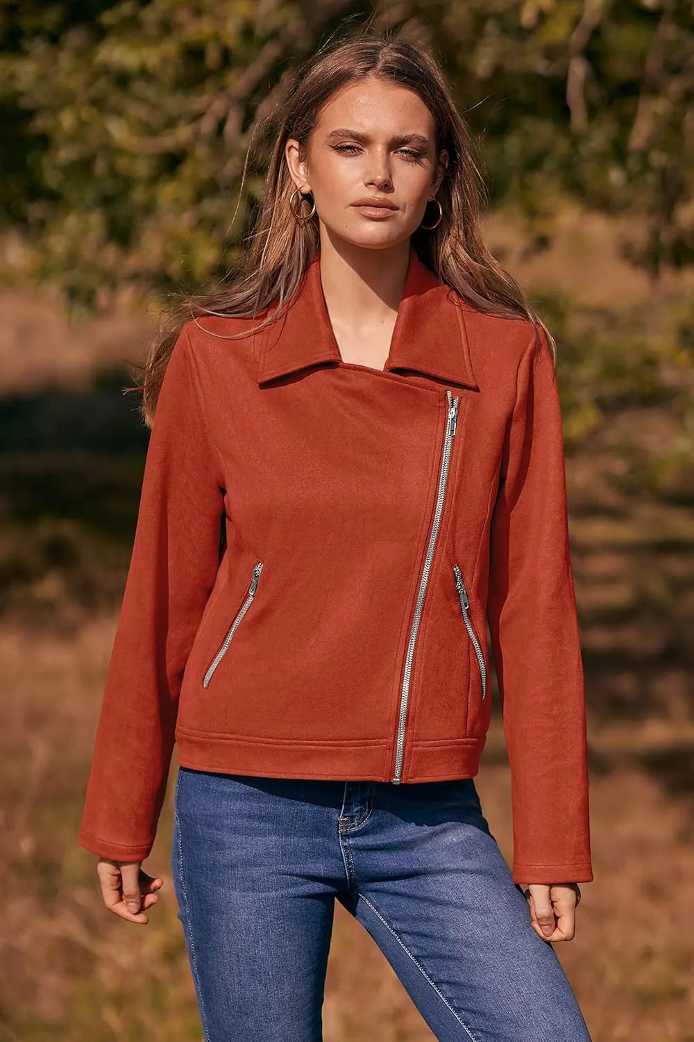PRETTYGARDEN Womens Winter Moto Jacket Faux Suede Long Sleeve Zip Up Pockets Short Coat Y2K Fall Fashion Dressy Outerwear