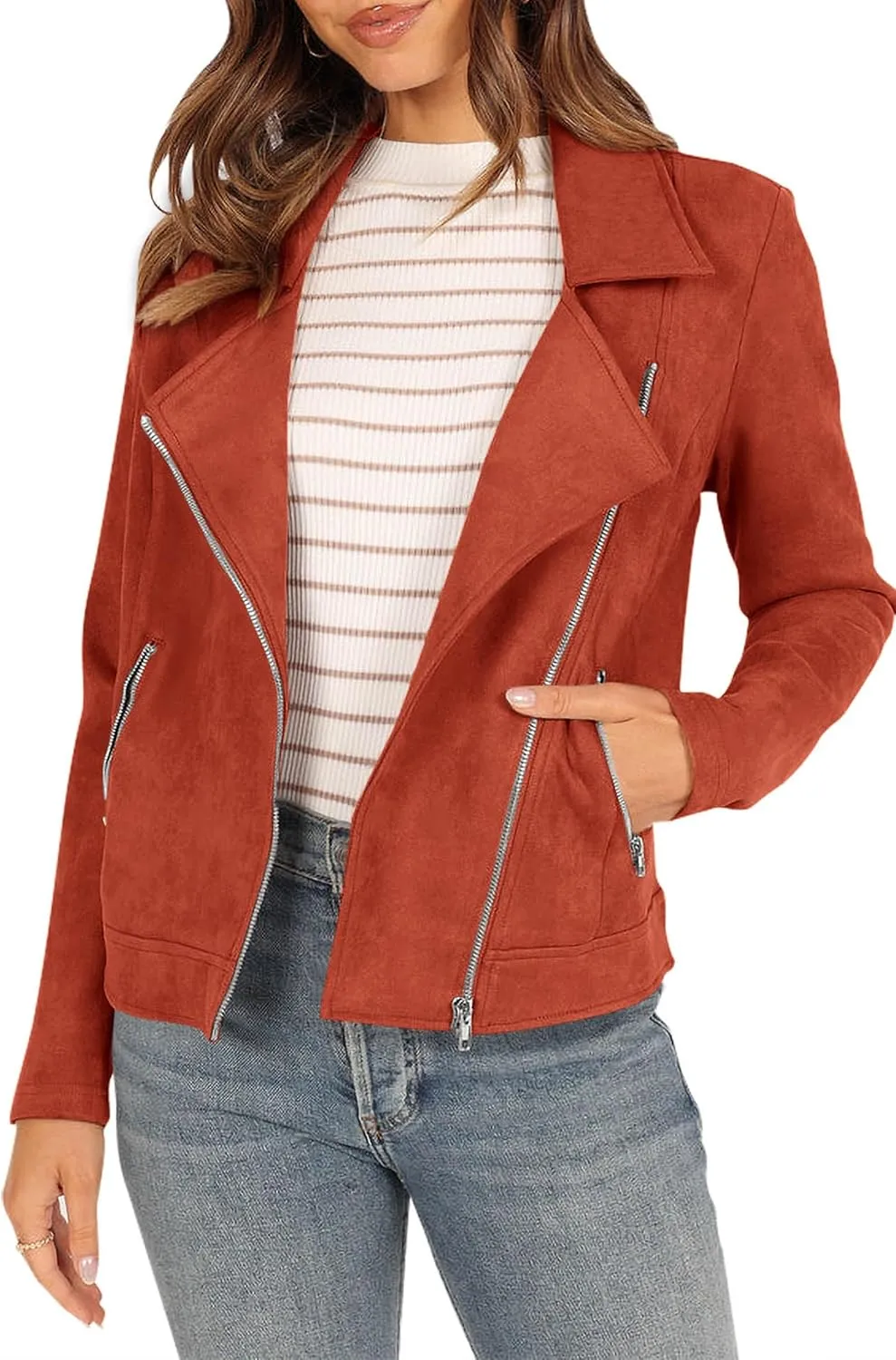 PRETTYGARDEN Womens Winter Moto Jacket Faux Suede Long Sleeve Zip Up Pockets Short Coat Y2K Fall Fashion Dressy Outerwear