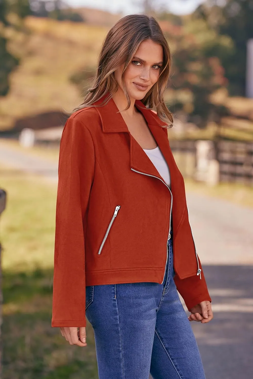 PRETTYGARDEN Womens Winter Moto Jacket Faux Suede Long Sleeve Zip Up Pockets Short Coat Y2K Fall Fashion Dressy Outerwear