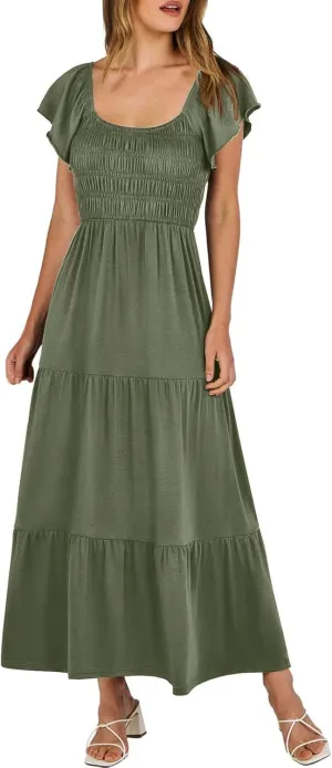 PTOLOCIF Flowy Dresses for Women, 2024 Summer Casual Boho Dresses Flutter Short Sleeve Crewneck Loose Tiered Beach Maxi Dress