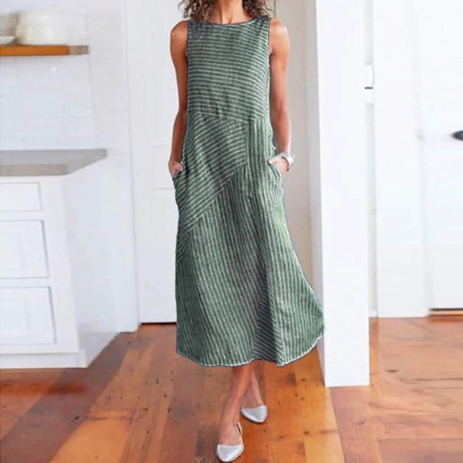 PTOLOCIF Linen Dress for Women, 2024 Summer Trendy Plain Maxi Dress Plus Size Cotton Linen Dress Crewneck Sleeveless Sundress