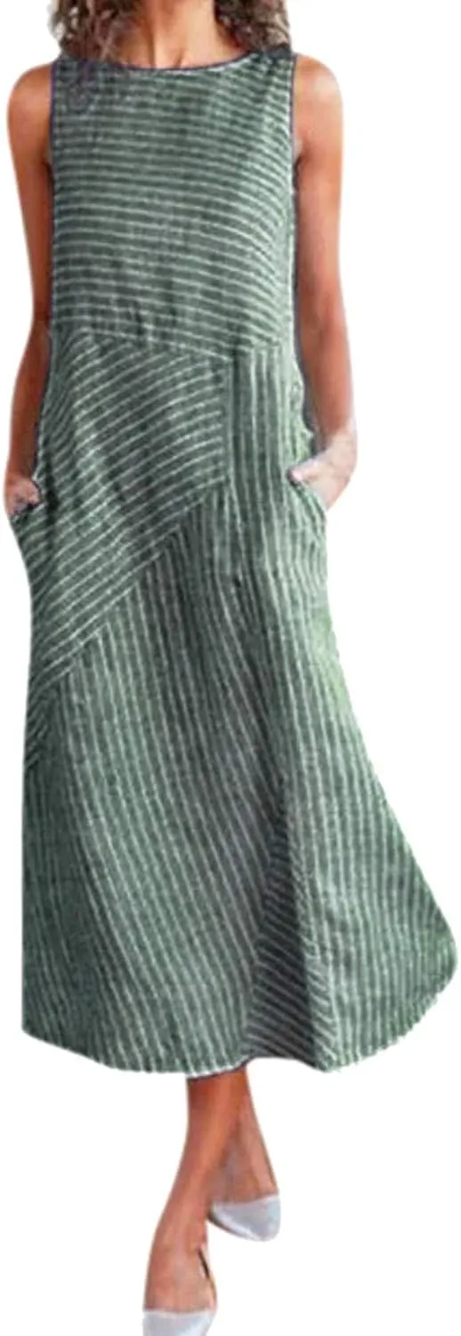 PTOLOCIF Linen Dress for Women, 2024 Summer Trendy Plain Maxi Dress Plus Size Cotton Linen Dress Crewneck Sleeveless Sundress