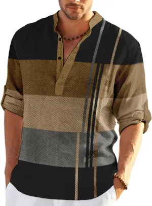 QIVICIMA Men's Casual Cotton Linen Henley Shirt Long Sleeve Plaid Check Hawaiian Floral Beach T Shirts