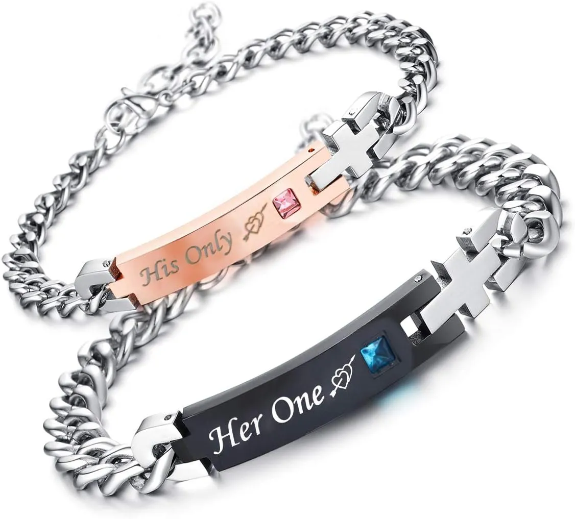 redrain 2Pcs Couples Bracelets His or Hers Matching Set of 2 Adjustable Promise Jewelry for Anniversary Birthday Valentine's Day Christmas Gifts
