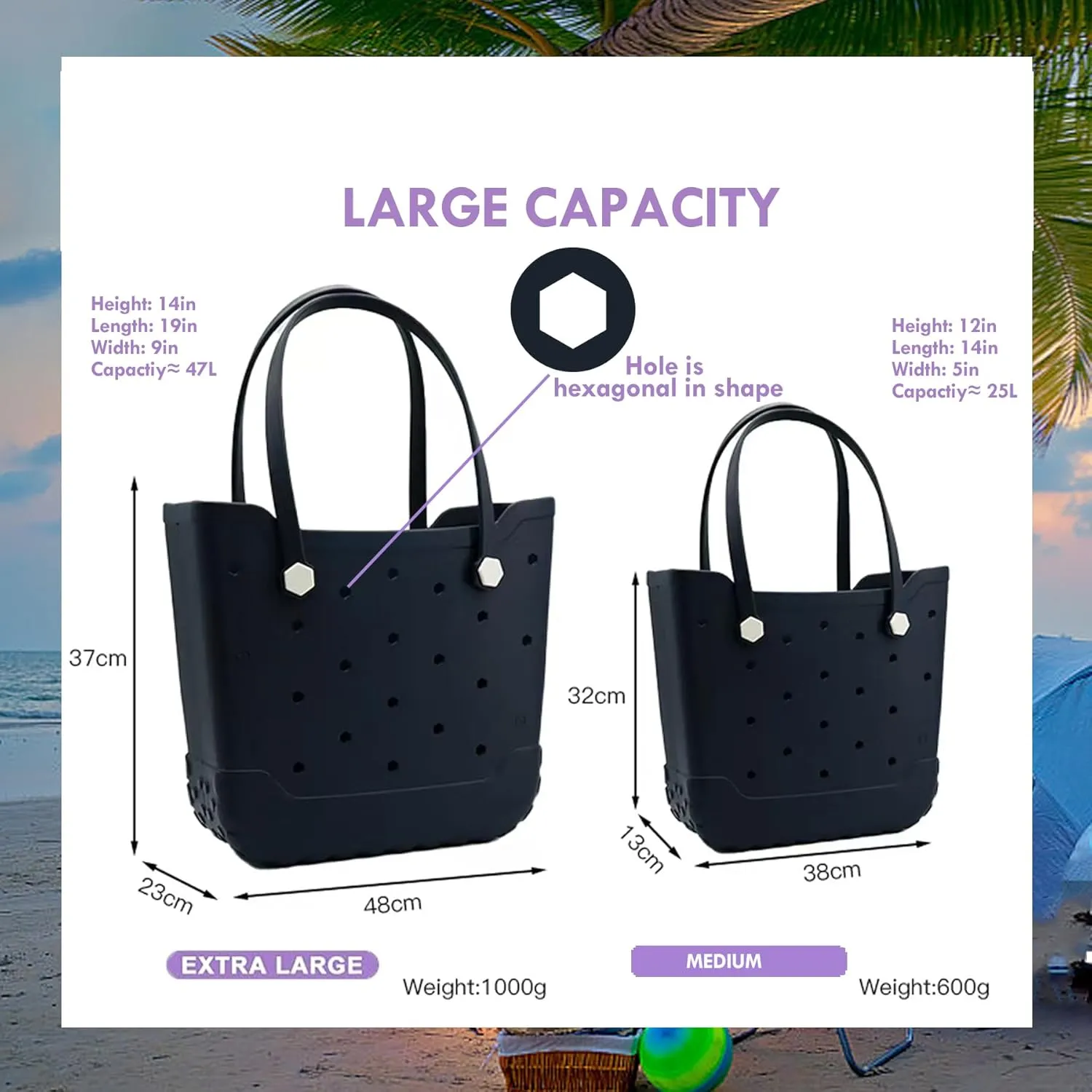 Rubber Beach Tote Bag for Men & Women, Waterproof Beach Bags EVA Travel Tote for Sports Outdoor Beach