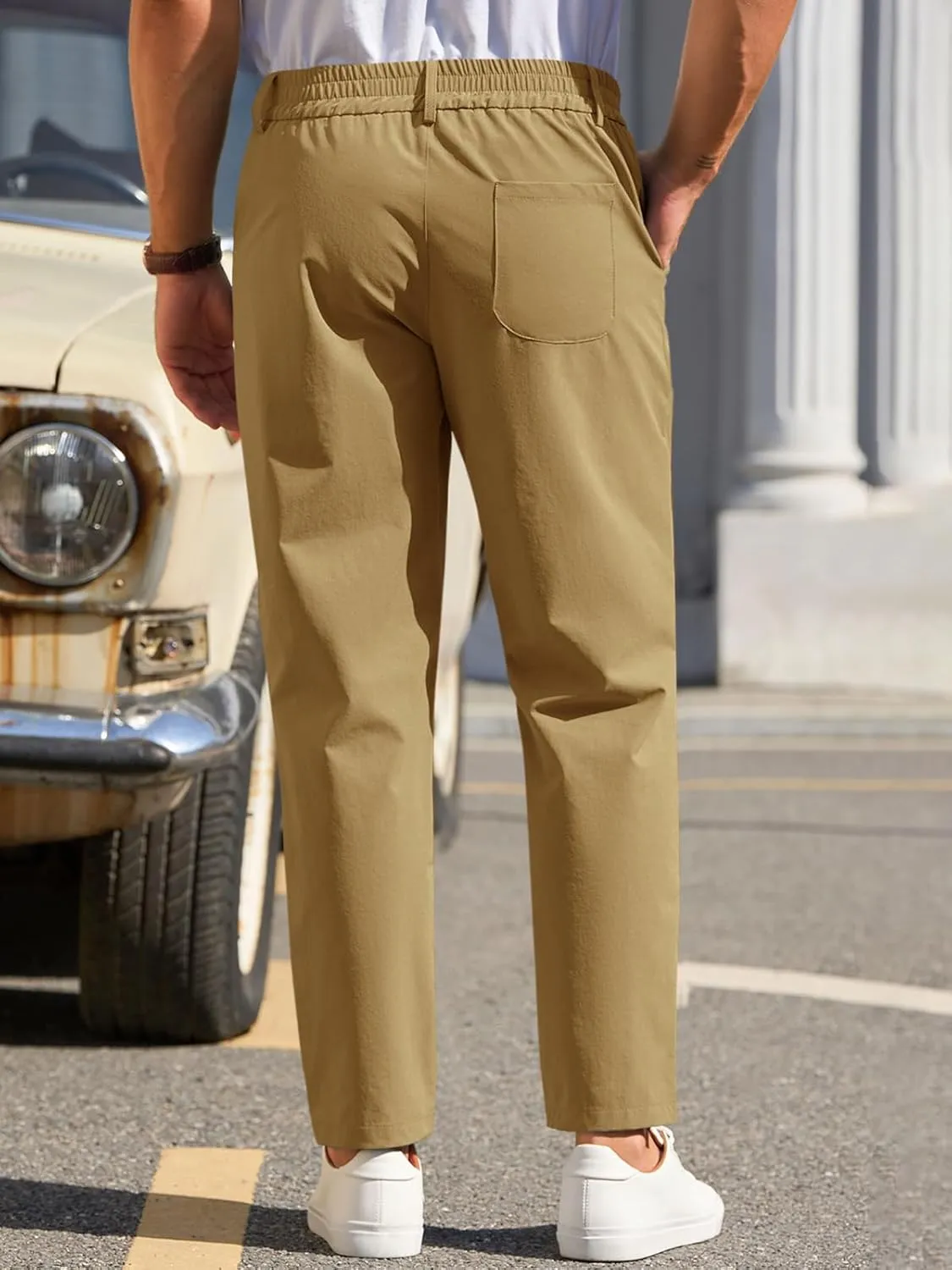 Runcati Mens Stretch Golf Pants Casual Slim Fit Dress Pants Elastic Waist Tapered Work Cropped Trousers