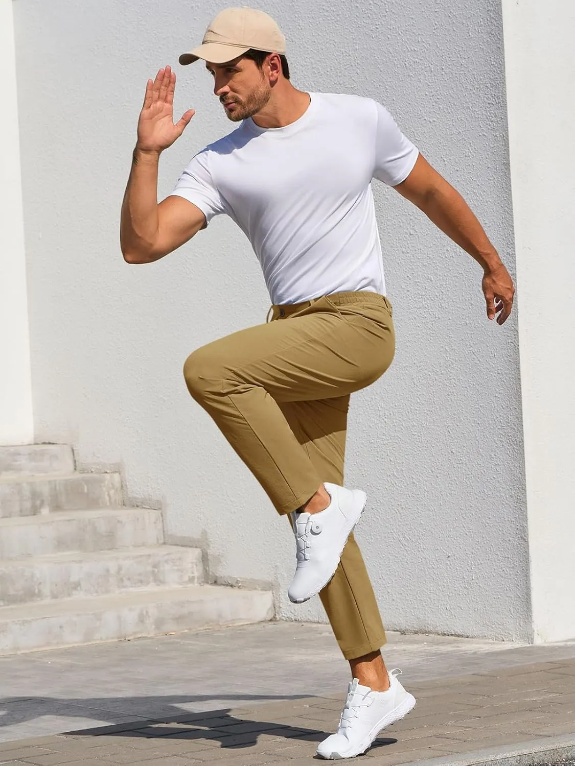 Runcati Mens Stretch Golf Pants Casual Slim Fit Dress Pants Elastic Waist Tapered Work Cropped Trousers