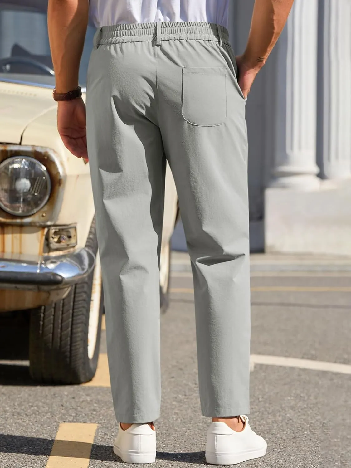 Runcati Mens Stretch Golf Pants Casual Slim Fit Dress Pants Elastic Waist Tapered Work Cropped Trousers