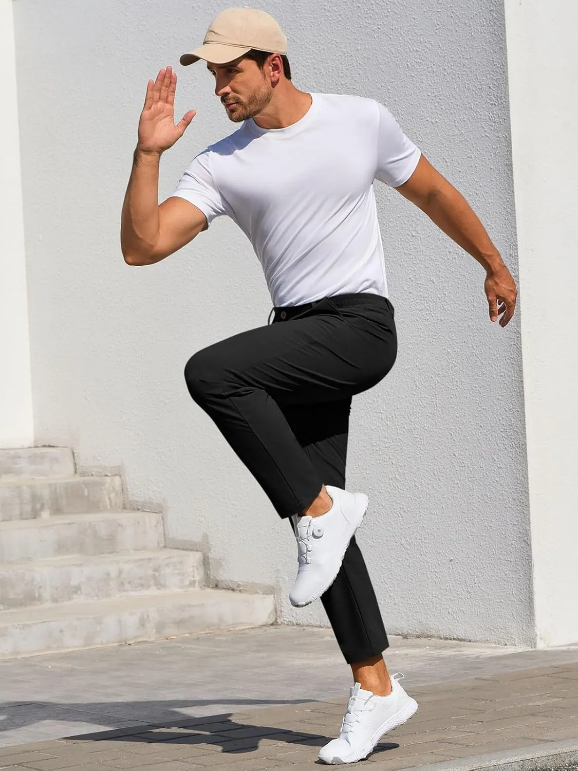 Runcati Mens Stretch Golf Pants Casual Slim Fit Dress Pants Elastic Waist Tapered Work Cropped Trousers