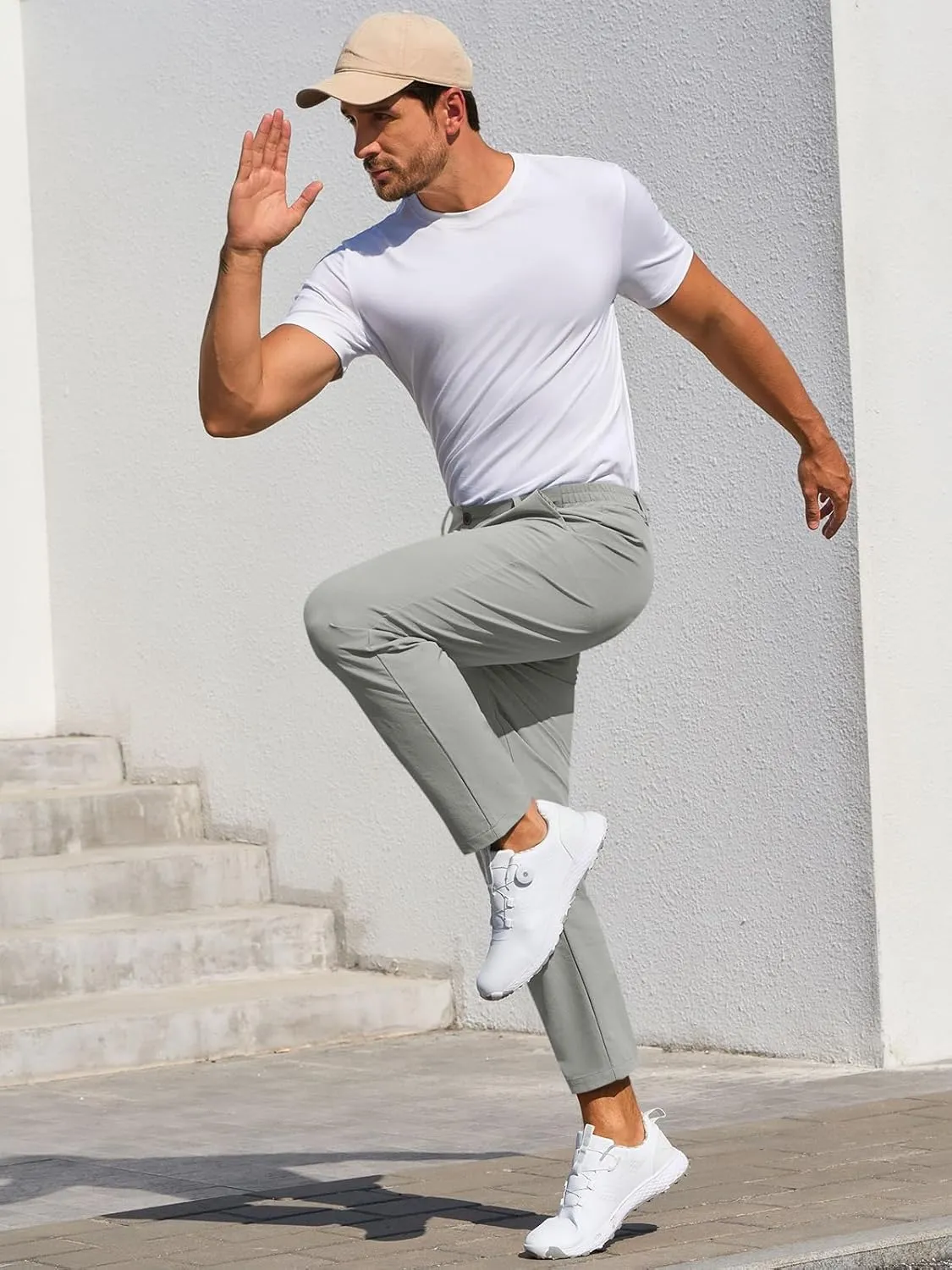 Runcati Mens Stretch Golf Pants Casual Slim Fit Dress Pants Elastic Waist Tapered Work Cropped Trousers