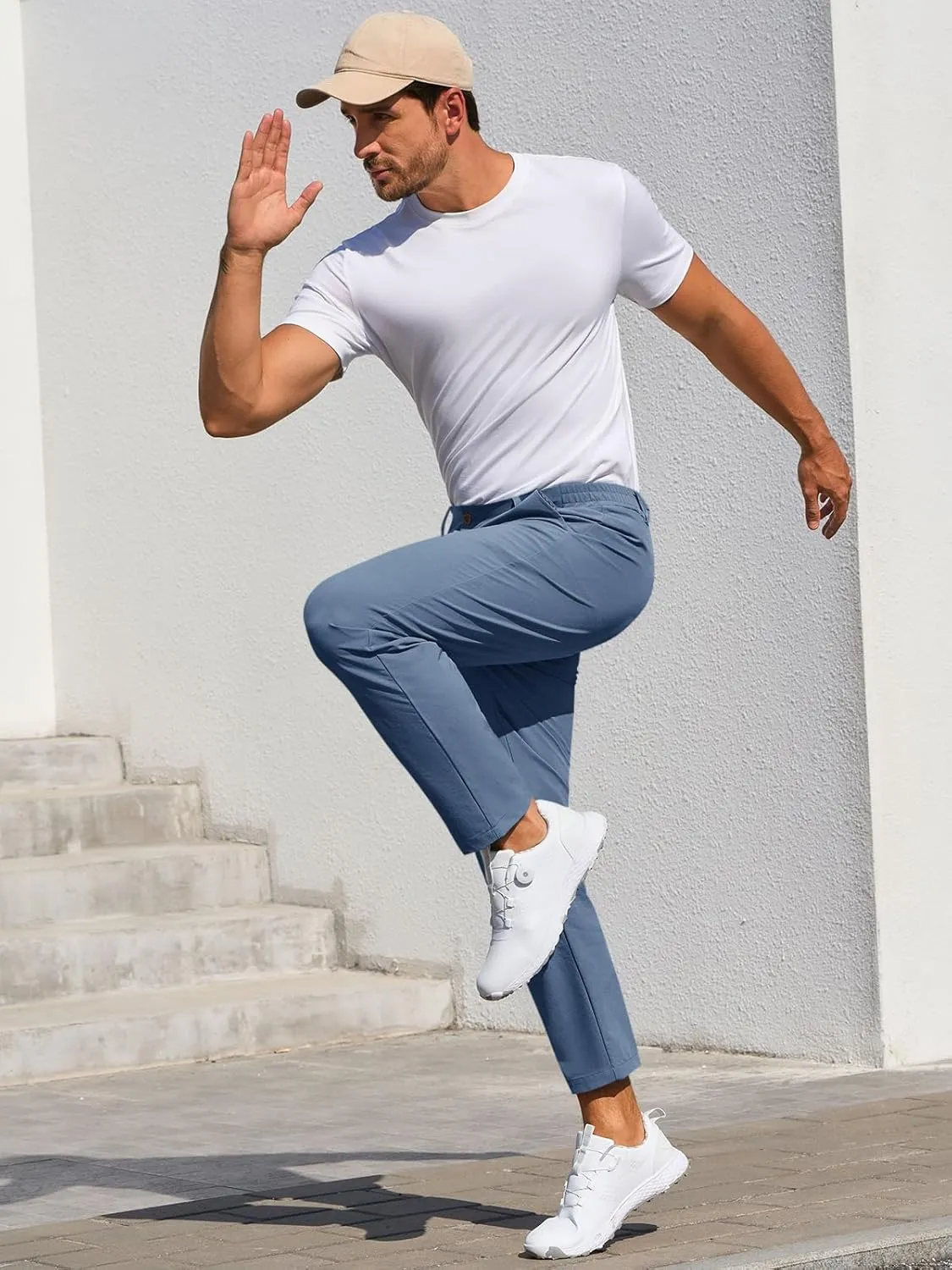 Runcati Mens Stretch Golf Pants Casual Slim Fit Dress Pants Elastic Waist Tapered Work Cropped Trousers