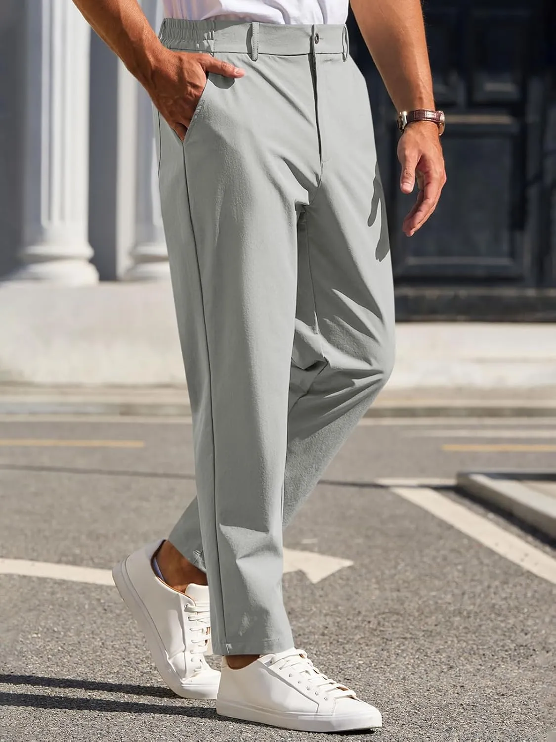 Runcati Mens Stretch Golf Pants Casual Slim Fit Dress Pants Elastic Waist Tapered Work Cropped Trousers