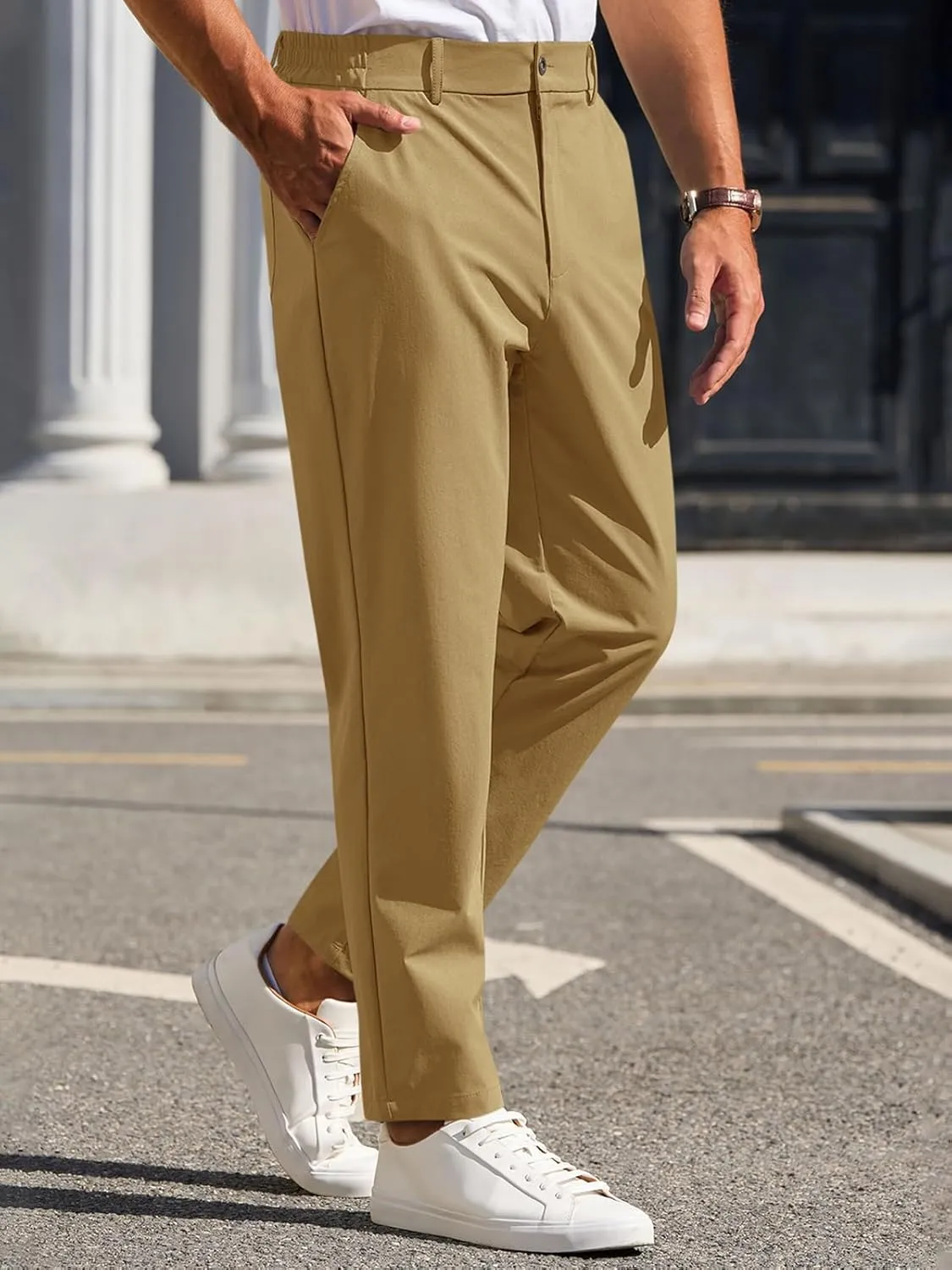 Runcati Mens Stretch Golf Pants Casual Slim Fit Dress Pants Elastic Waist Tapered Work Cropped Trousers