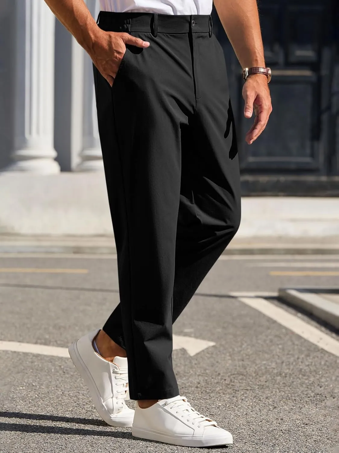 Runcati Mens Stretch Golf Pants Casual Slim Fit Dress Pants Elastic Waist Tapered Work Cropped Trousers