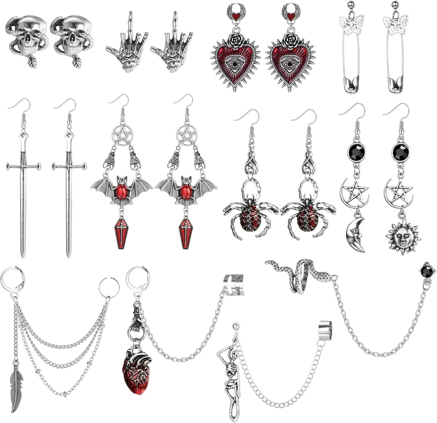 Sanfenly Gothic Earrings Emo Grunge Goth Earrings for Women Sword Punk Dagger Halloween Skull Bat Earrings Vintage Silver Rock Retro Snake Pentagram Red Heart Spider Dangle Stud Earring Chain Ear Cuff Jewelry Set