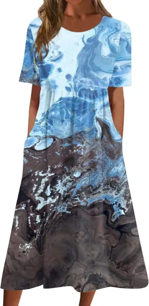 SGASY Women Short Sleeve Dress 2024 Spring Summer Loose Floral Casual Summer Flowy Tiered Long Maxi Dresses with Pockets