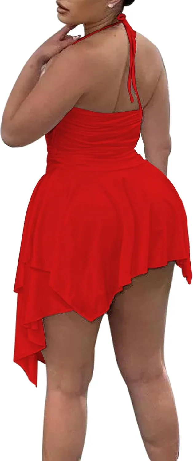 SHESEEWORLD 2024 Summer Women's Sexy Sleeveless Spaghetti Straps Halter Bodycon Ruched Mini Dress Asymmetric Hem Club Outfit