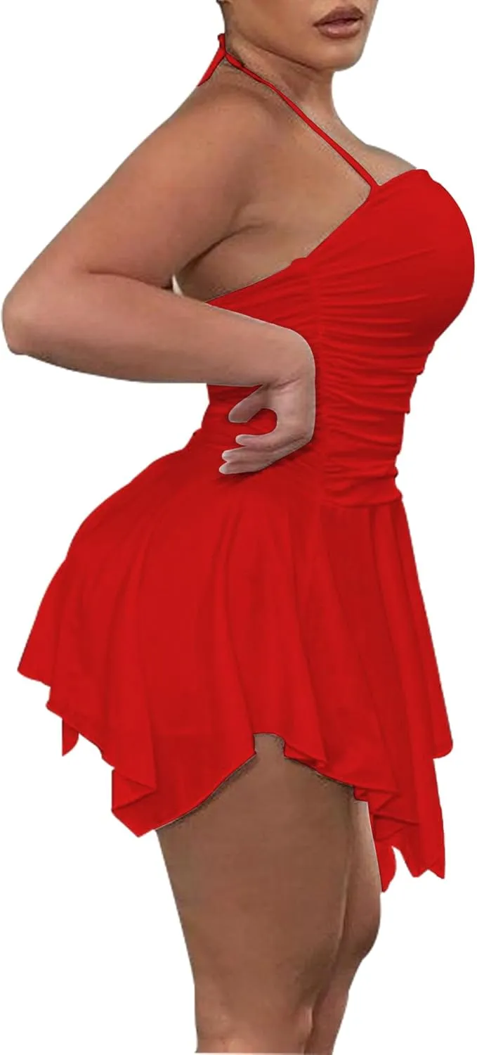 SHESEEWORLD 2024 Summer Women's Sexy Sleeveless Spaghetti Straps Halter Bodycon Ruched Mini Dress Asymmetric Hem Club Outfit