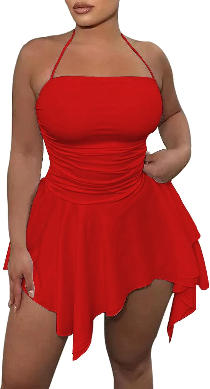 SHESEEWORLD 2024 Summer Women's Sexy Sleeveless Spaghetti Straps Halter Bodycon Ruched Mini Dress Asymmetric Hem Club Outfit