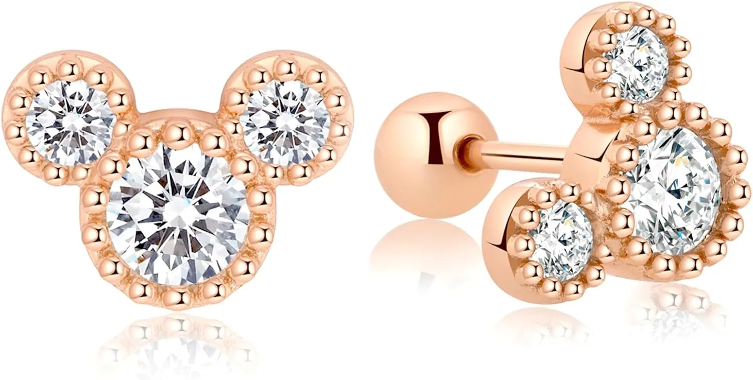 Silver Earrings for Women - 925 Sterling Silver Small Tiny Clear Zirconia Cute Mouse Screw Back Stud Earrings for Women Girls and Kids