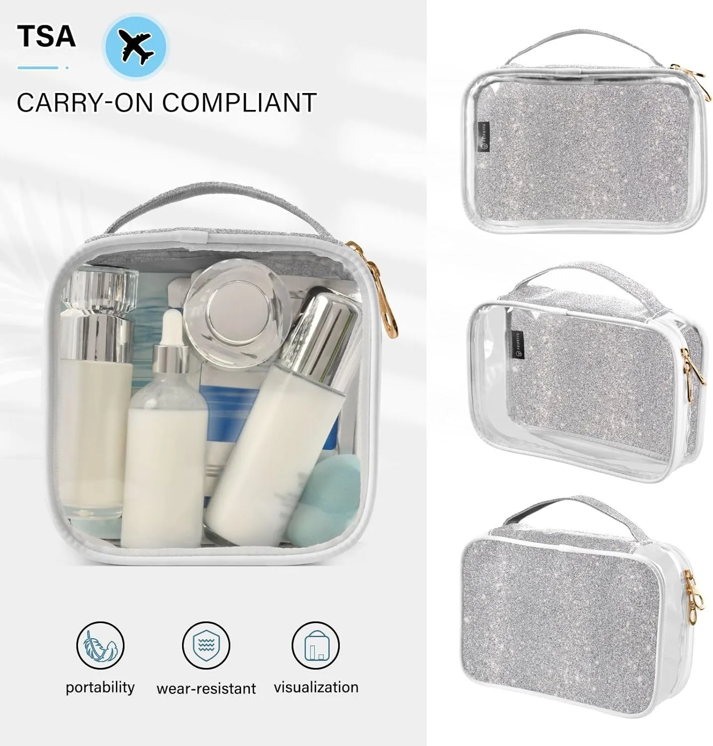 Silver Glitter Clear Makeup Bags TSA Approved Toiletry Bag for Women Men Cosmetic Bags with Zipper Carry On Airport Airline Compliant Bag Quart Size PVC Travel Bags for Toiletries Accessories, 2 Pack