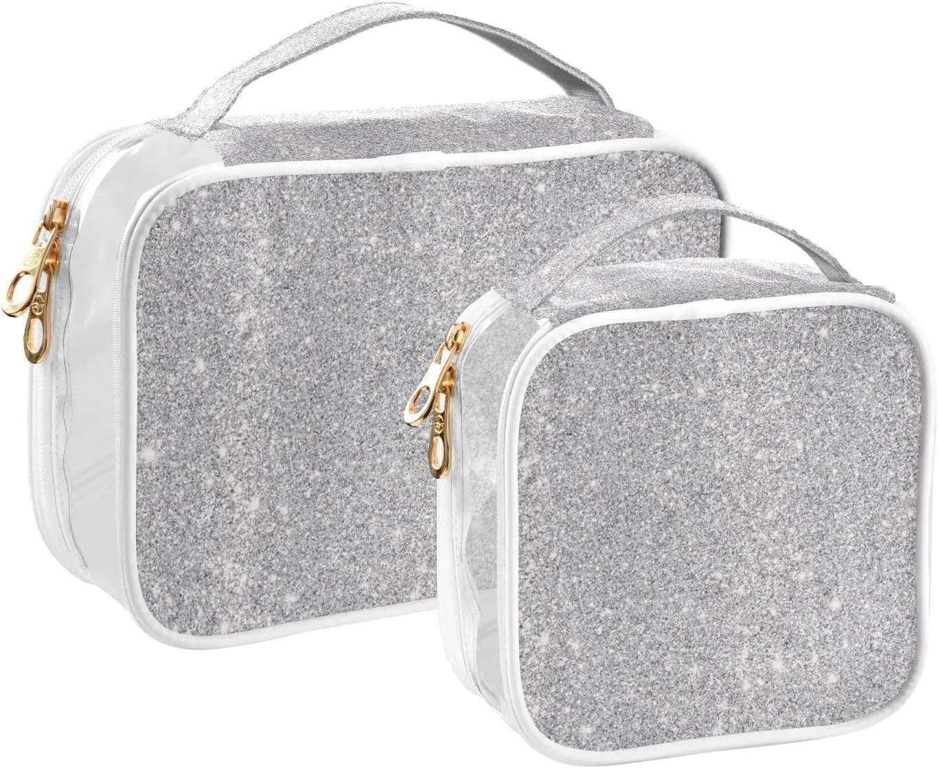 Silver Glitter Clear Makeup Bags TSA Approved Toiletry Bag for Women Men Cosmetic Bags with Zipper Carry On Airport Airline Compliant Bag Quart Size PVC Travel Bags for Toiletries Accessories, 2 Pack