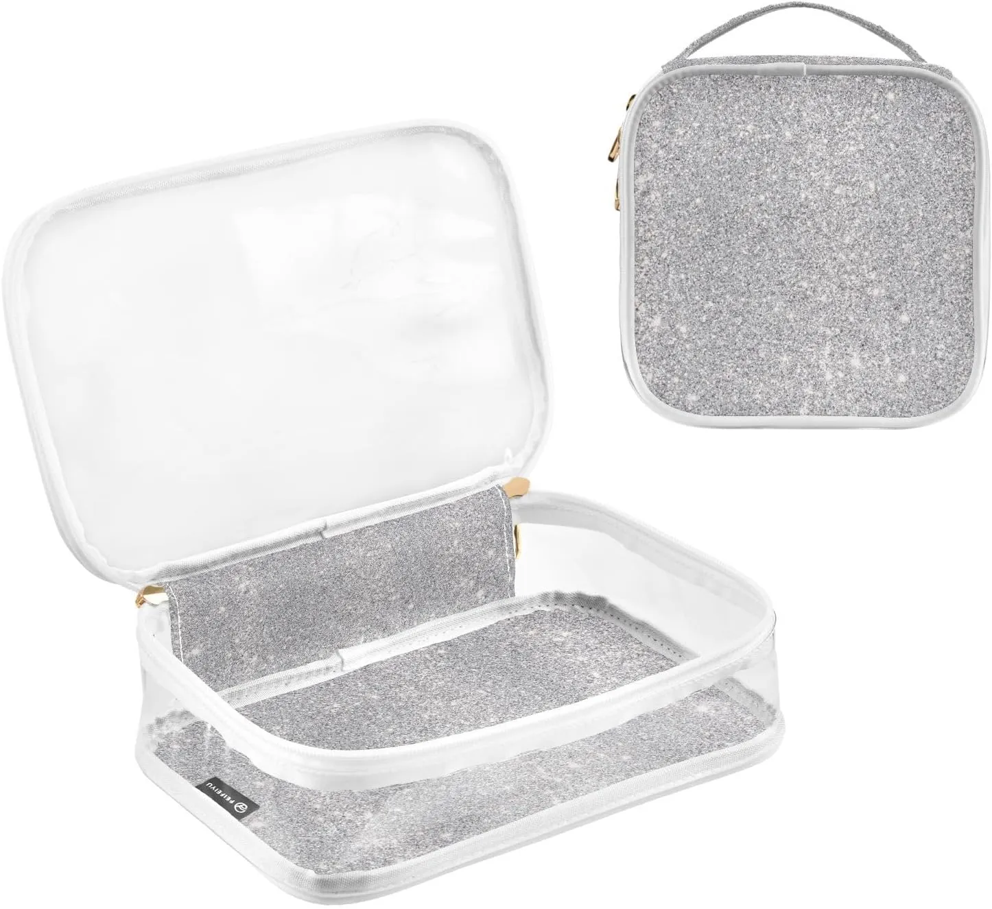 Silver Glitter Clear Makeup Bags TSA Approved Toiletry Bag for Women Men Cosmetic Bags with Zipper Carry On Airport Airline Compliant Bag Quart Size PVC Travel Bags for Toiletries Accessories, 2 Pack
