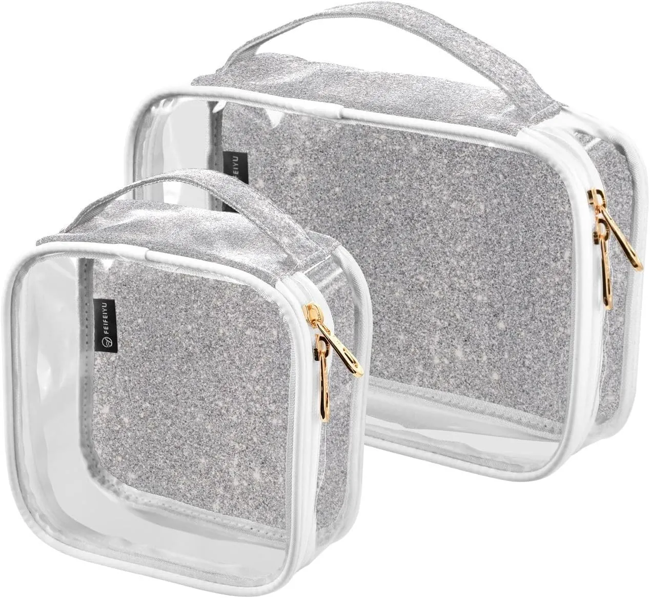 Silver Glitter Clear Makeup Bags TSA Approved Toiletry Bag for Women Men Cosmetic Bags with Zipper Carry On Airport Airline Compliant Bag Quart Size PVC Travel Bags for Toiletries Accessories, 2 Pack