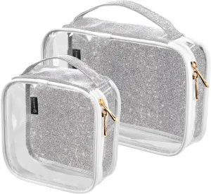 Silver Glitter Clear Makeup Bags TSA Approved Toiletry Bag for Women Men Cosmetic Bags with Zipper Carry On Airport Airline Compliant Bag Quart Size PVC Travel Bags for Toiletries Accessories, 2 Pack