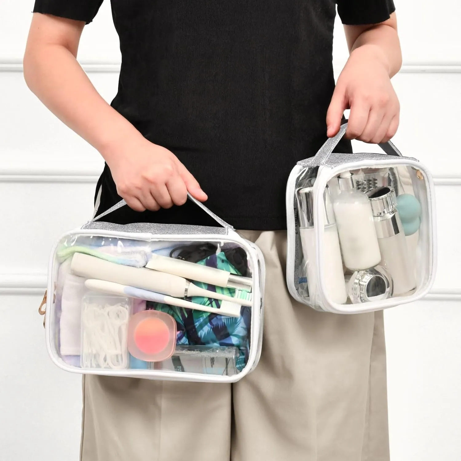 Silver Glitter Clear Makeup Bags TSA Approved Toiletry Bag for Women Men Cosmetic Bags with Zipper Carry On Airport Airline Compliant Bag Quart Size PVC Travel Bags for Toiletries Accessories, 2 Pack