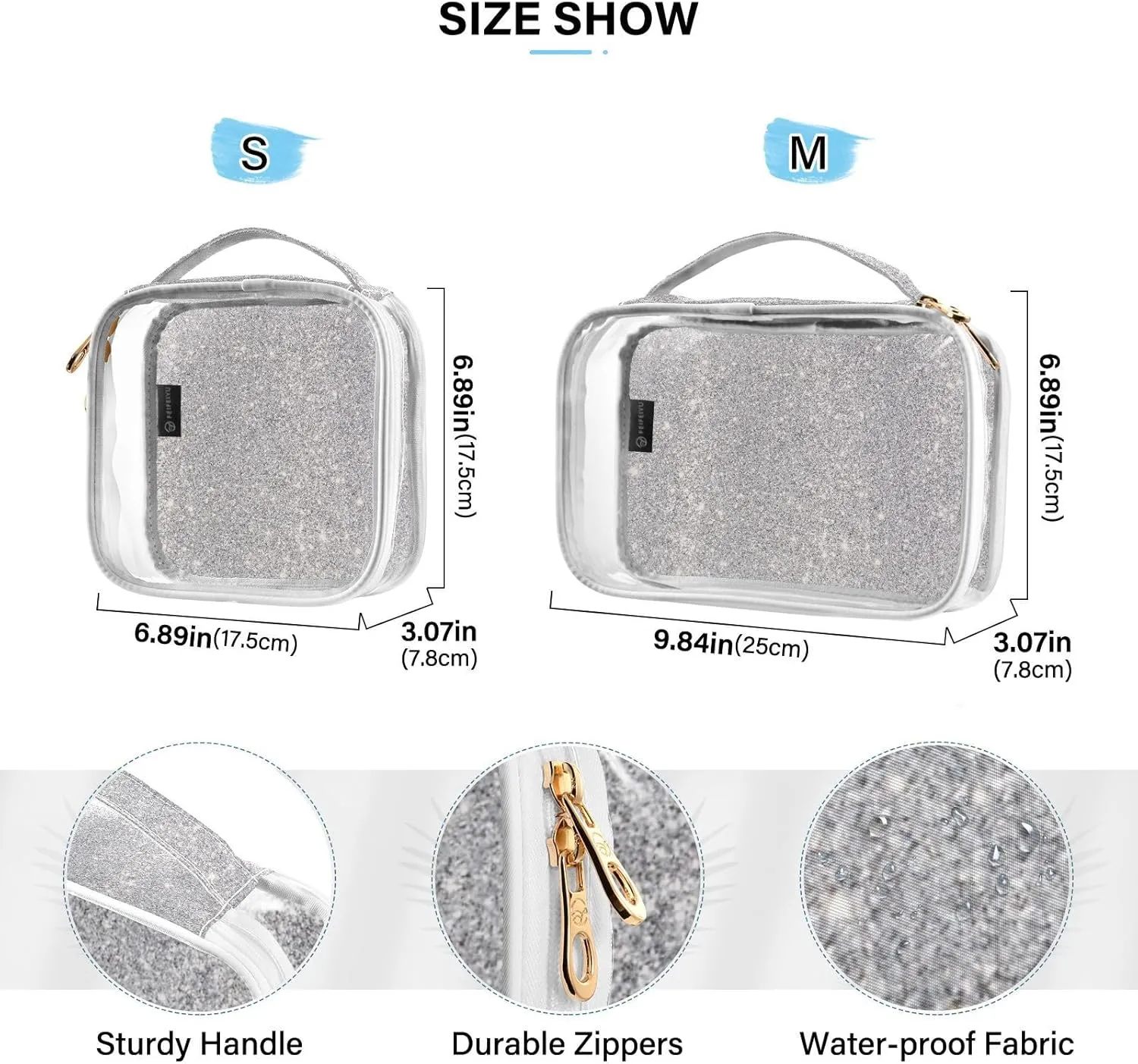 Silver Glitter Clear Makeup Bags TSA Approved Toiletry Bag for Women Men Cosmetic Bags with Zipper Carry On Airport Airline Compliant Bag Quart Size PVC Travel Bags for Toiletries Accessories, 2 Pack