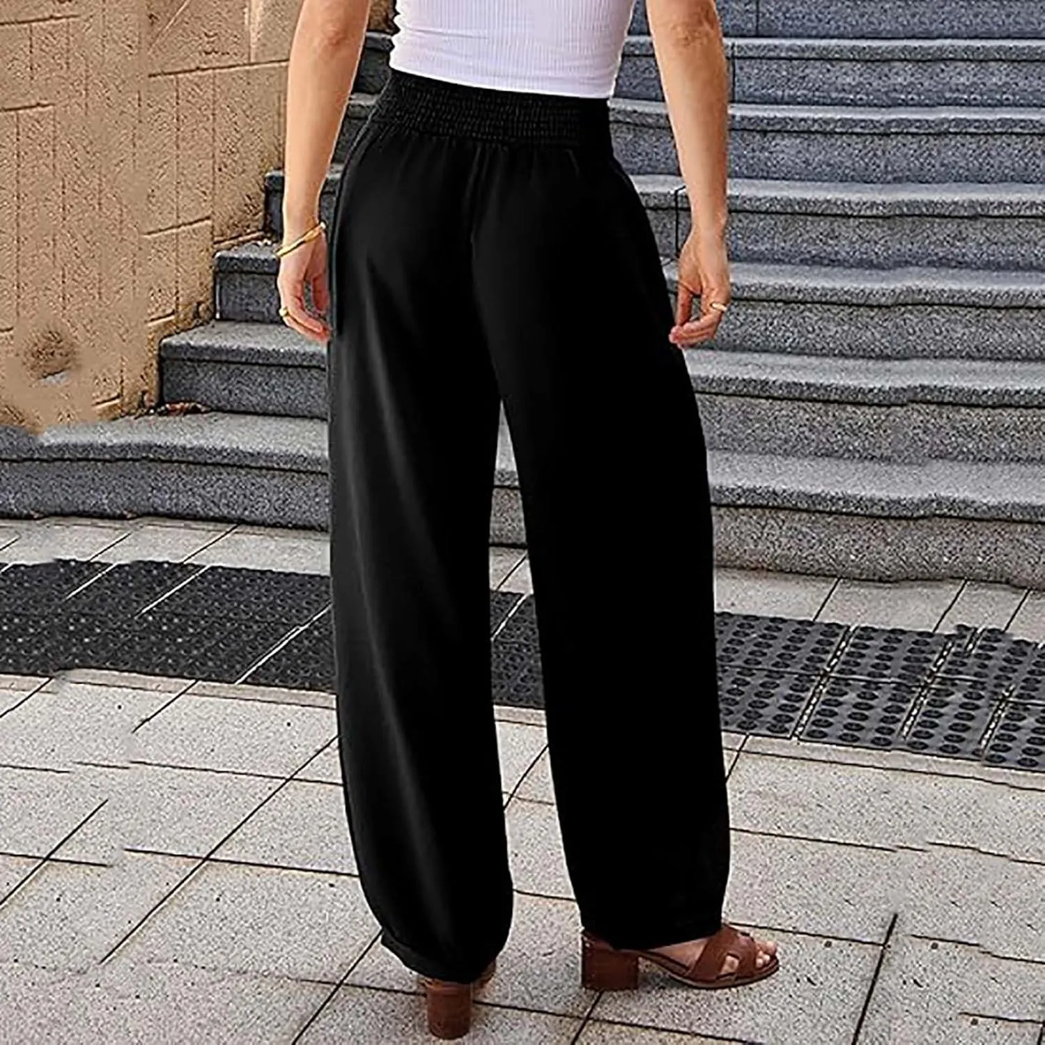 Sinzelimin Womens Linen Harem Pants Fashion Solid Color Elastic High Waist Loose Comfy Wide Leg Trouser Jogger Sweatpants