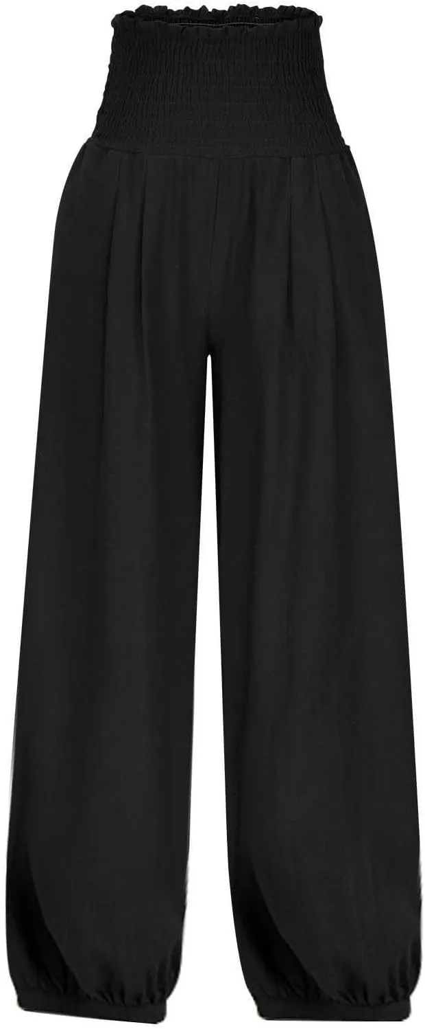 Sinzelimin Womens Linen Harem Pants Fashion Solid Color Elastic High Waist Loose Comfy Wide Leg Trouser Jogger Sweatpants