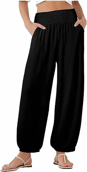 Sinzelimin Womens Linen Harem Pants Fashion Solid Color Elastic High Waist Loose Comfy Wide Leg Trouser Jogger Sweatpants