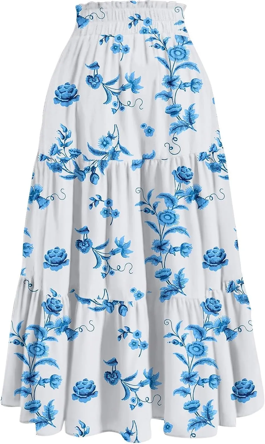 Skirts for Women Trendy Summer Tiered Elastic High Waisted Floral Skirt Vacation A Line Drawstring Flowy Long Skirts