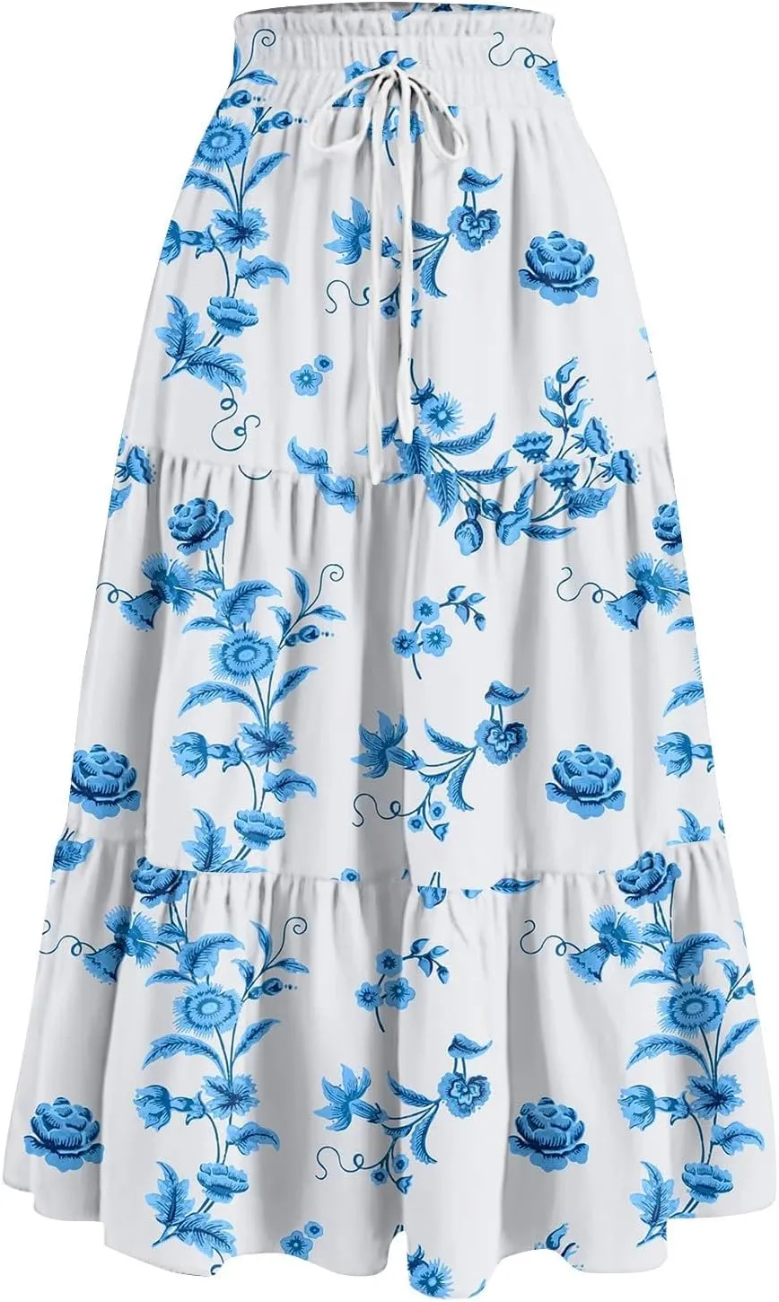 Skirts for Women Trendy Summer Tiered Elastic High Waisted Floral Skirt Vacation A Line Drawstring Flowy Long Skirts
