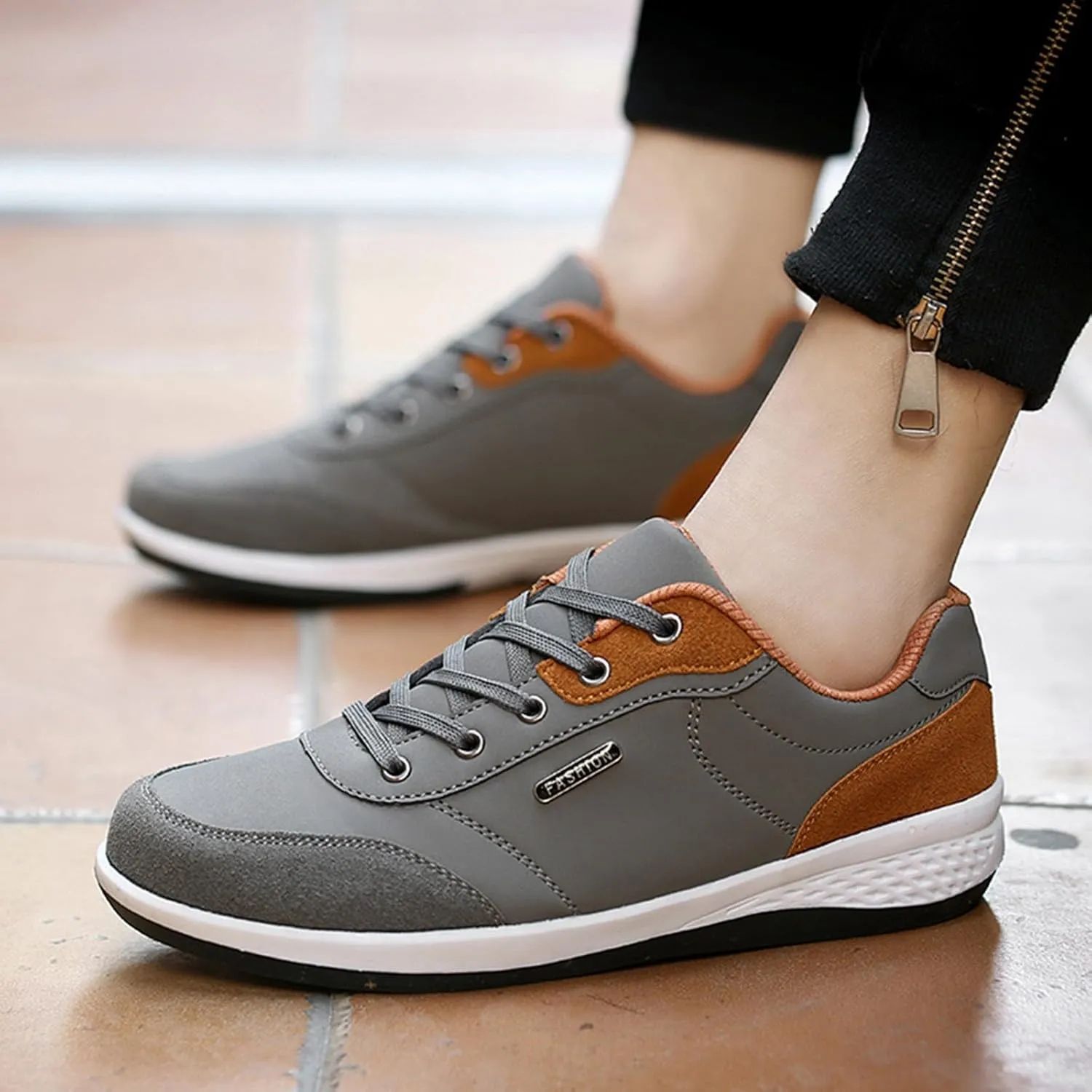 Slip on Walking Shoes Men Comfy PU Leather Memory Foam Breathable Fashion Sneakers Lace Up Non Slip Arch Support Cushioning Workout Tennis Shoes Wide Width