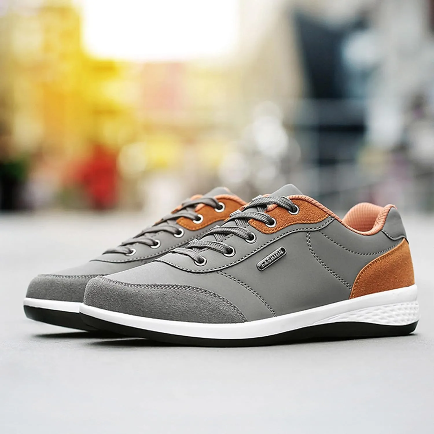 Slip on Walking Shoes Men Comfy PU Leather Memory Foam Breathable Fashion Sneakers Lace Up Non Slip Arch Support Cushioning Workout Tennis Shoes Wide Width
