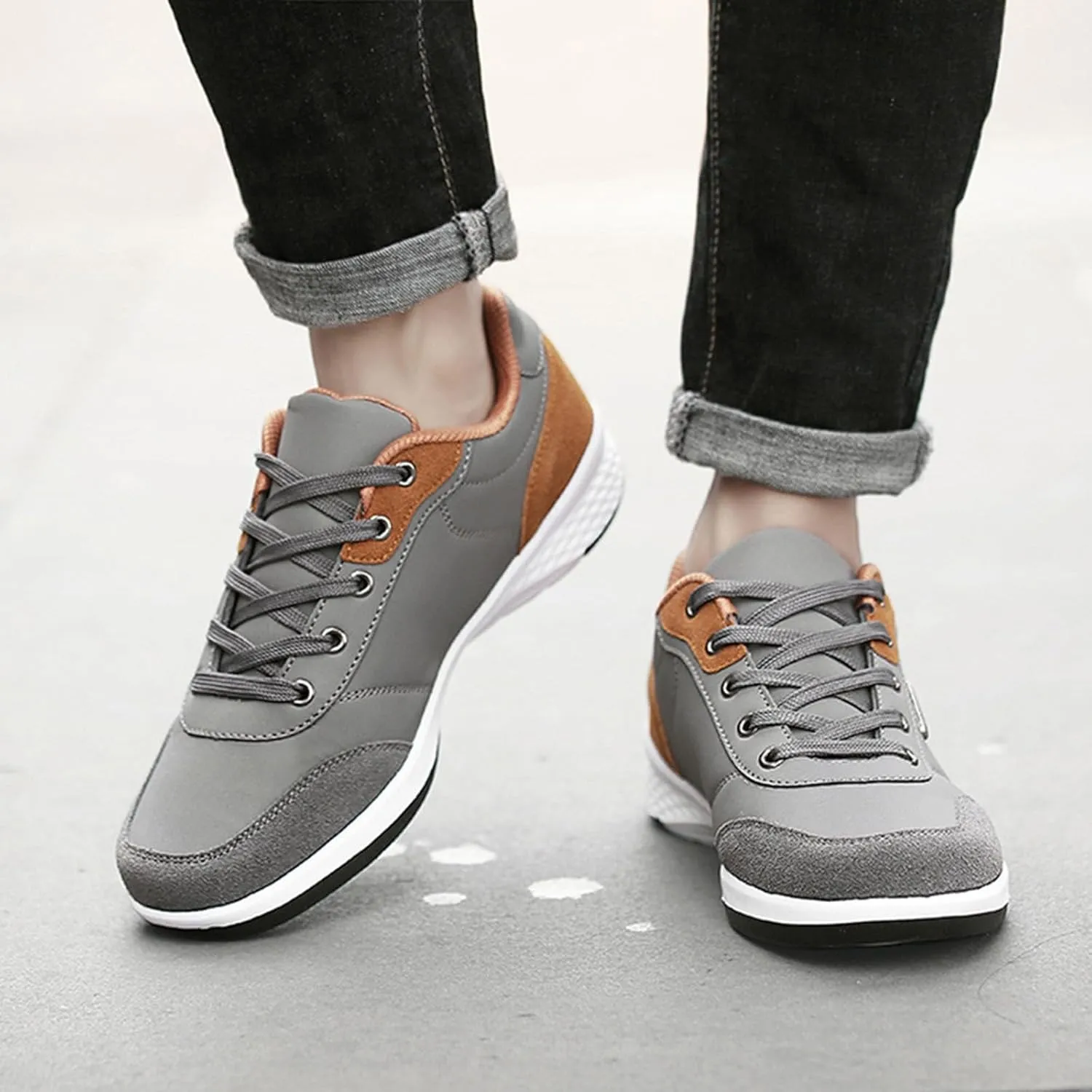 Slip on Walking Shoes Men Comfy PU Leather Memory Foam Breathable Fashion Sneakers Lace Up Non Slip Arch Support Cushioning Workout Tennis Shoes Wide Width