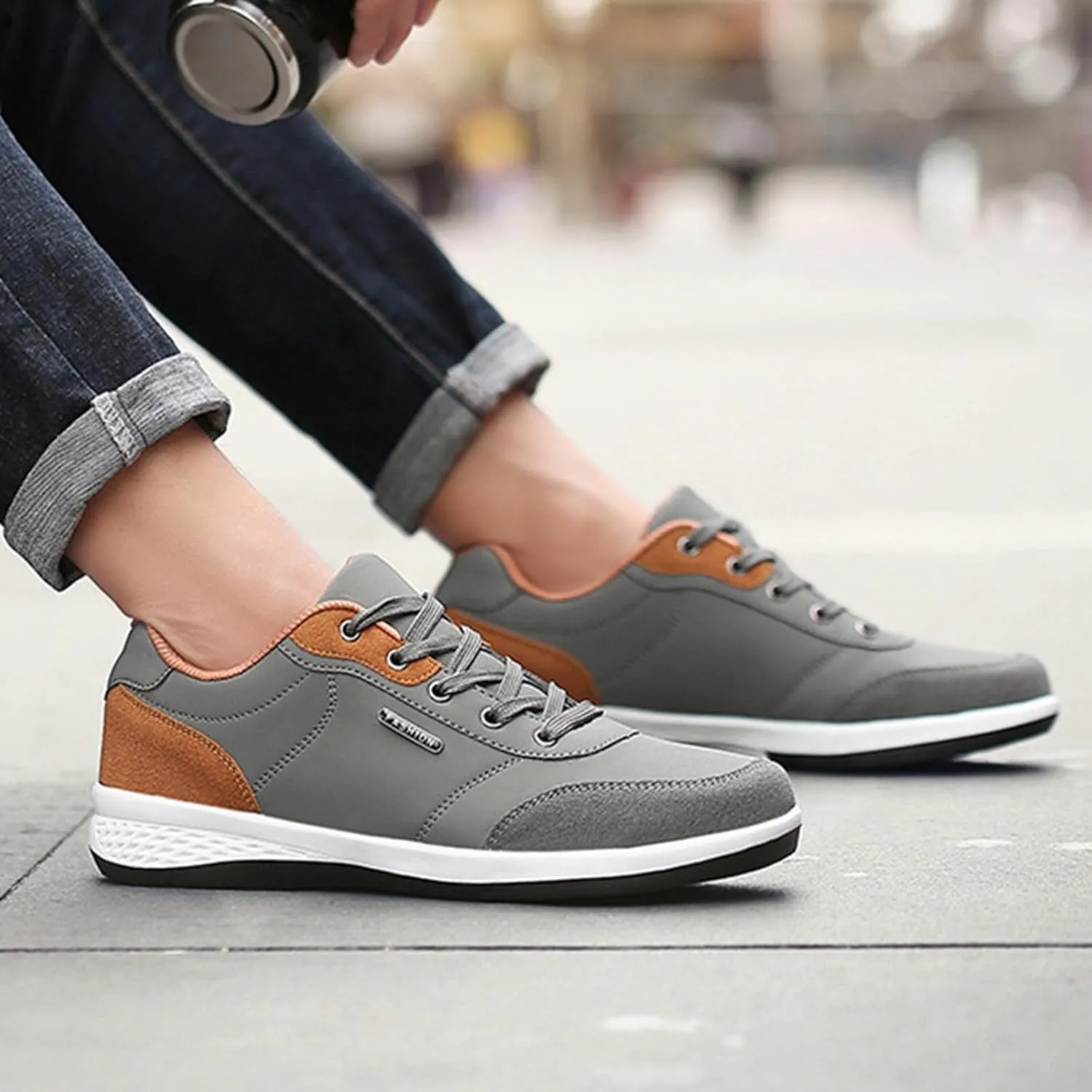 Slip on Walking Shoes Men Comfy PU Leather Memory Foam Breathable Fashion Sneakers Lace Up Non Slip Arch Support Cushioning Workout Tennis Shoes Wide Width