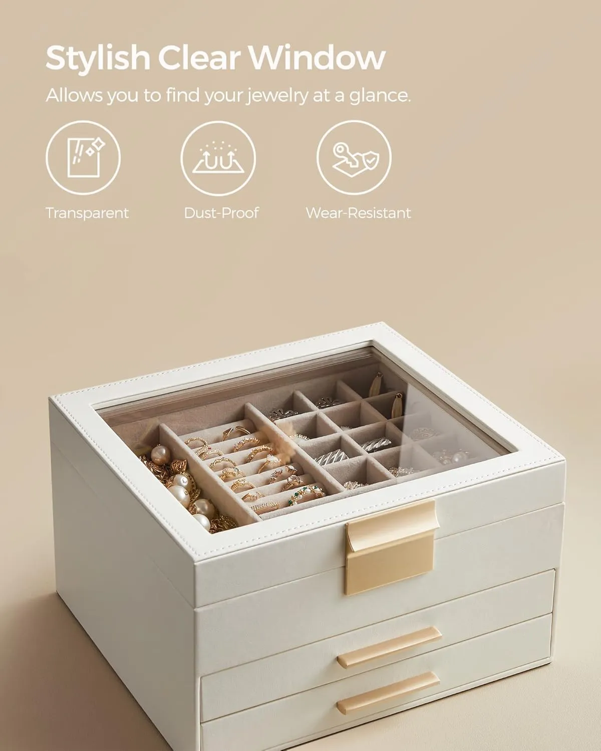 SONGMICS Jewelry Box Organizer with Glass Lid, 3-Layer Jewelry Storage, with 2 Drawers, Modern Style, 8 x 9.1 x 5.3 Inches, Cloud White and Gold Color UJBC239WT