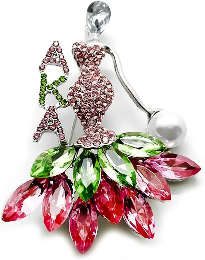Sorority Girl Brooch with Rhinestones letter metal Jewelry for ALPHA Sisters Pink green Dancing Girl Letter Pin