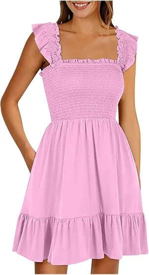 Summer Babydoll Dresses for Women 2025 Vacation Cute Ruffle Cap Sleeve V-Neck Flowy Swing Mini Dress Sundress
