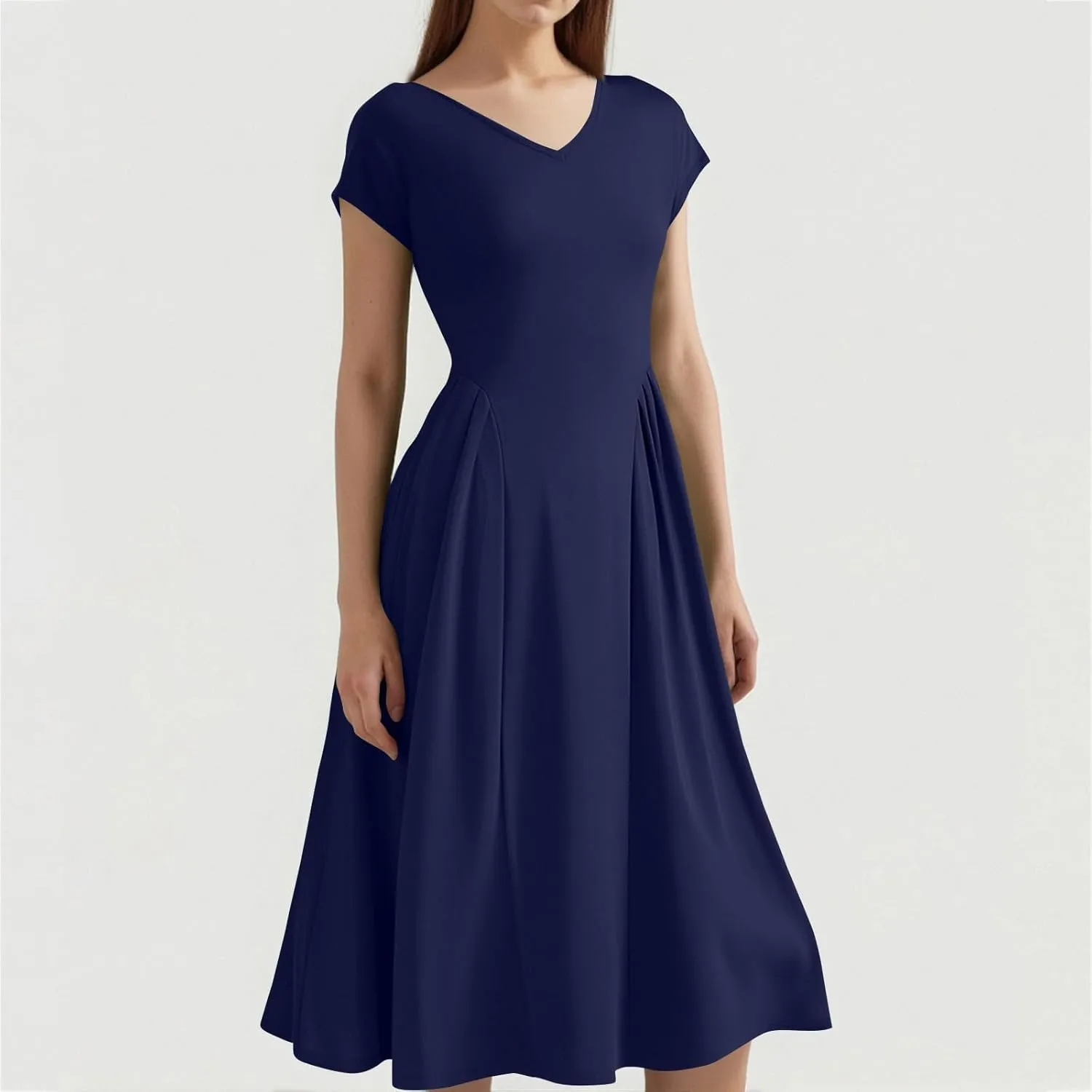 Summer Dresses for Women 2025 Casual V Neck Cap Sleeve Midi Dress Pleated Flowy Business Formal A Line Dresses