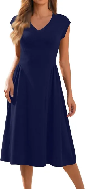 Summer Dresses for Women 2025 Casual V Neck Cap Sleeve Midi Dress Pleated Flowy Business Formal A Line Dresses