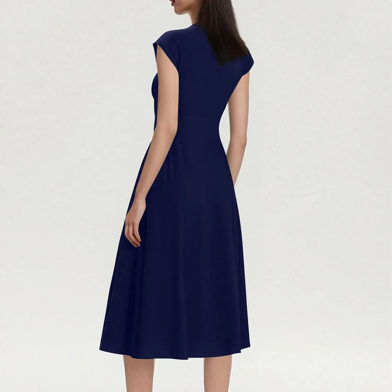 Summer Dresses for Women 2025 Casual V Neck Cap Sleeve Midi Dress Pleated Flowy Business Formal A Line Dresses